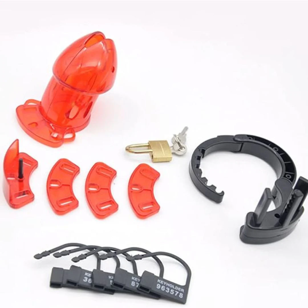 Red Plastic Chastity Cage with Adjustable Base Ring - Image 3